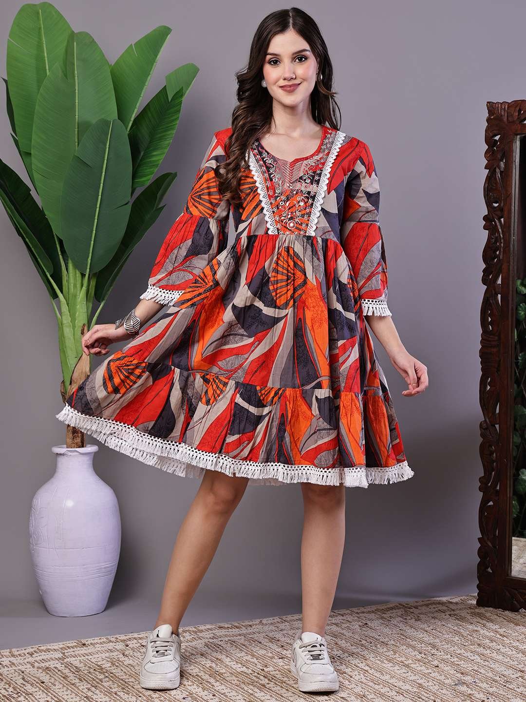 Wome's Multicolor Printed Cotton A-Line Dress with Embroidered Yoke Midi Dresses