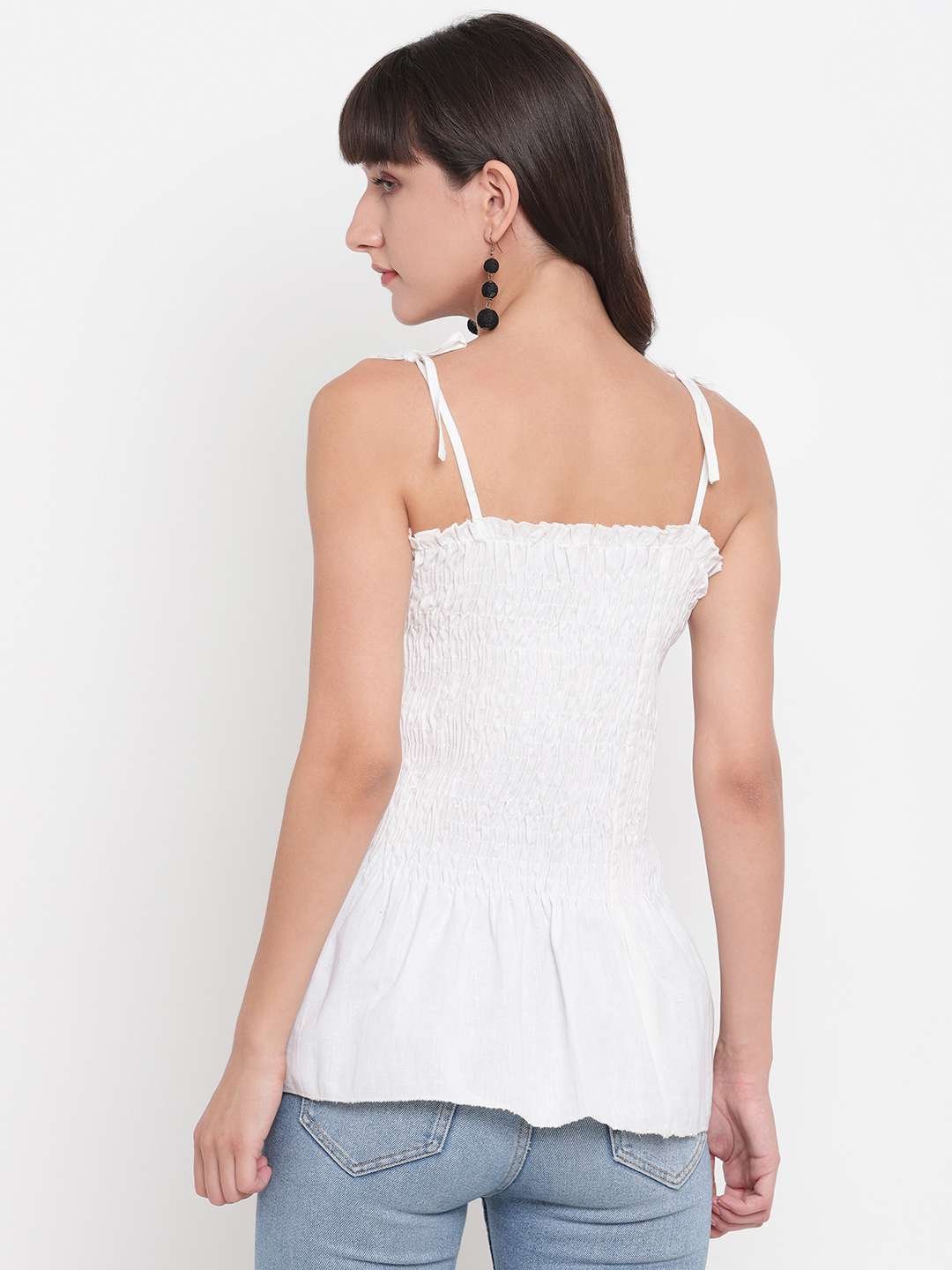 Women's Rayon Solid Casual Summer Style Tie Shoulder Straps Free Size Tank Top (White) - Image 2