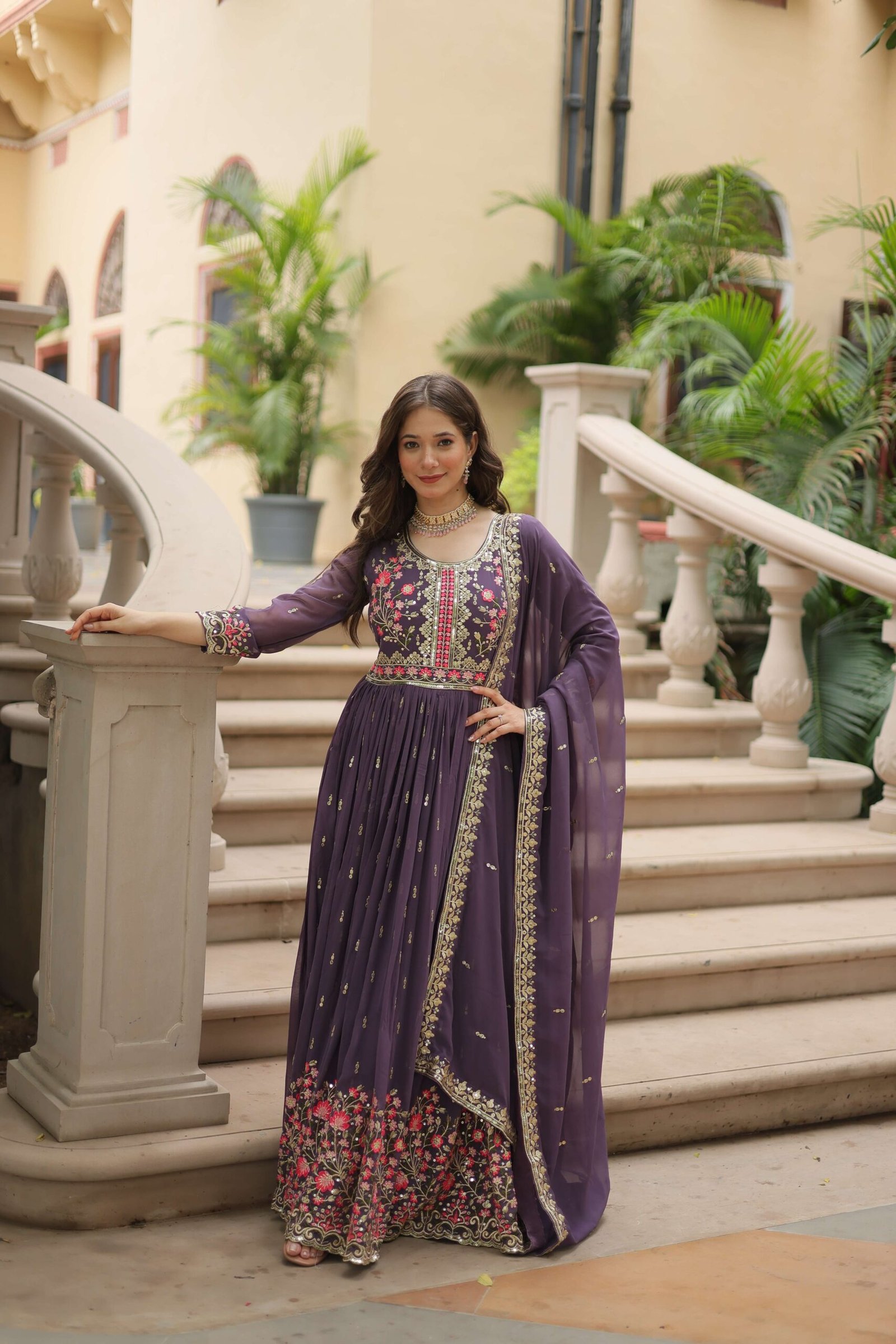 Onion Faux Georgette Sequins Embroidered Kurti with Sharara & Dupatta Set - Image 7