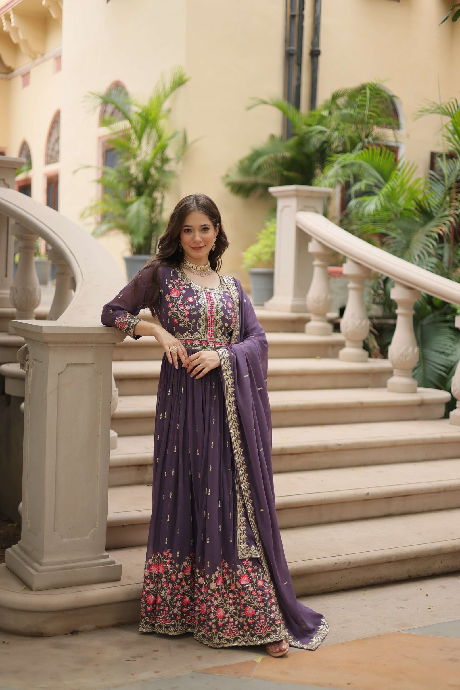 Onion Faux Georgette Sequins Embroidered Kurti with Sharara & Dupatta Set - Image 6