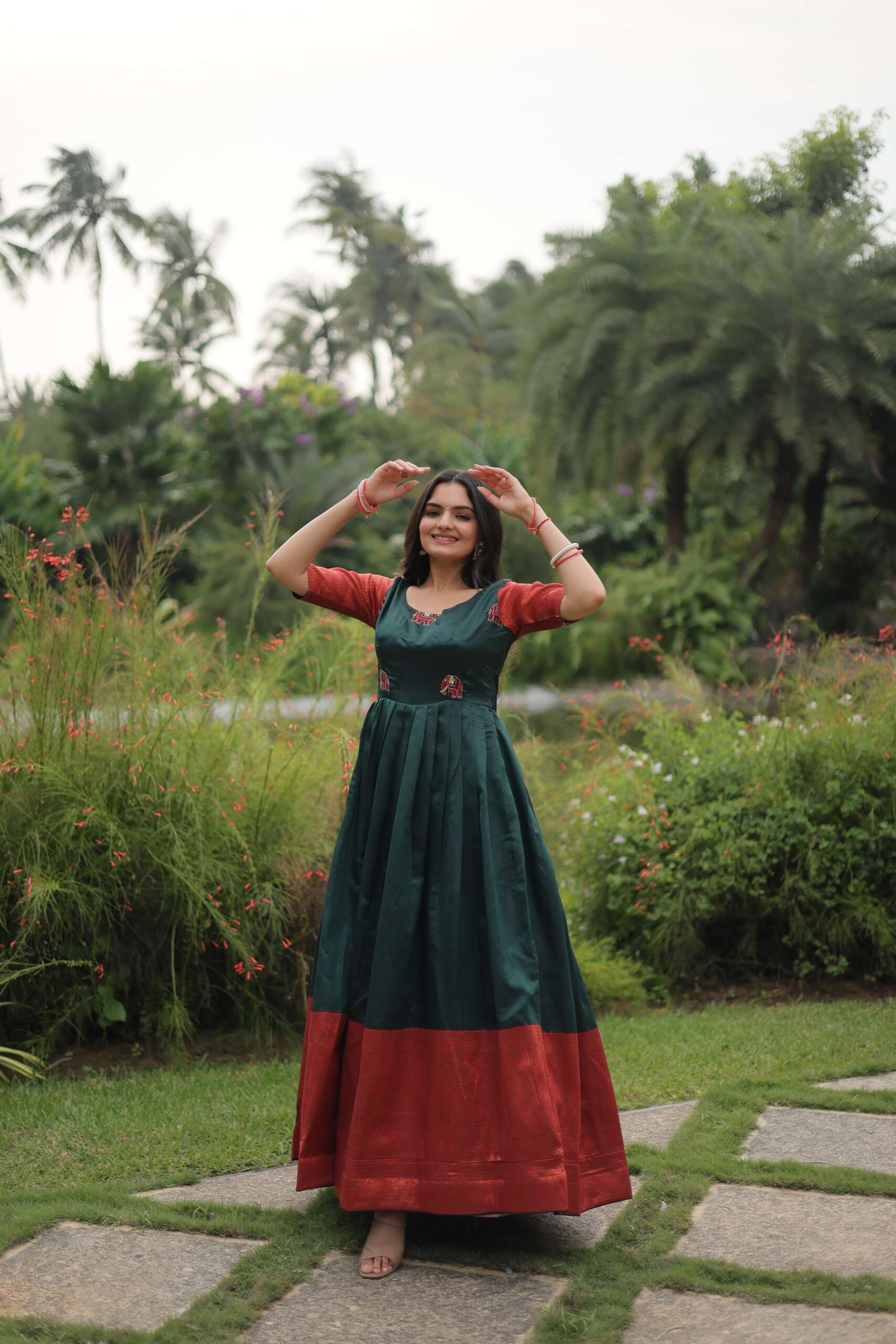Green Banarasi Jacquard Silk Gown ? Elegant Free-Size Designer Party & Wedding Wear - Image 2