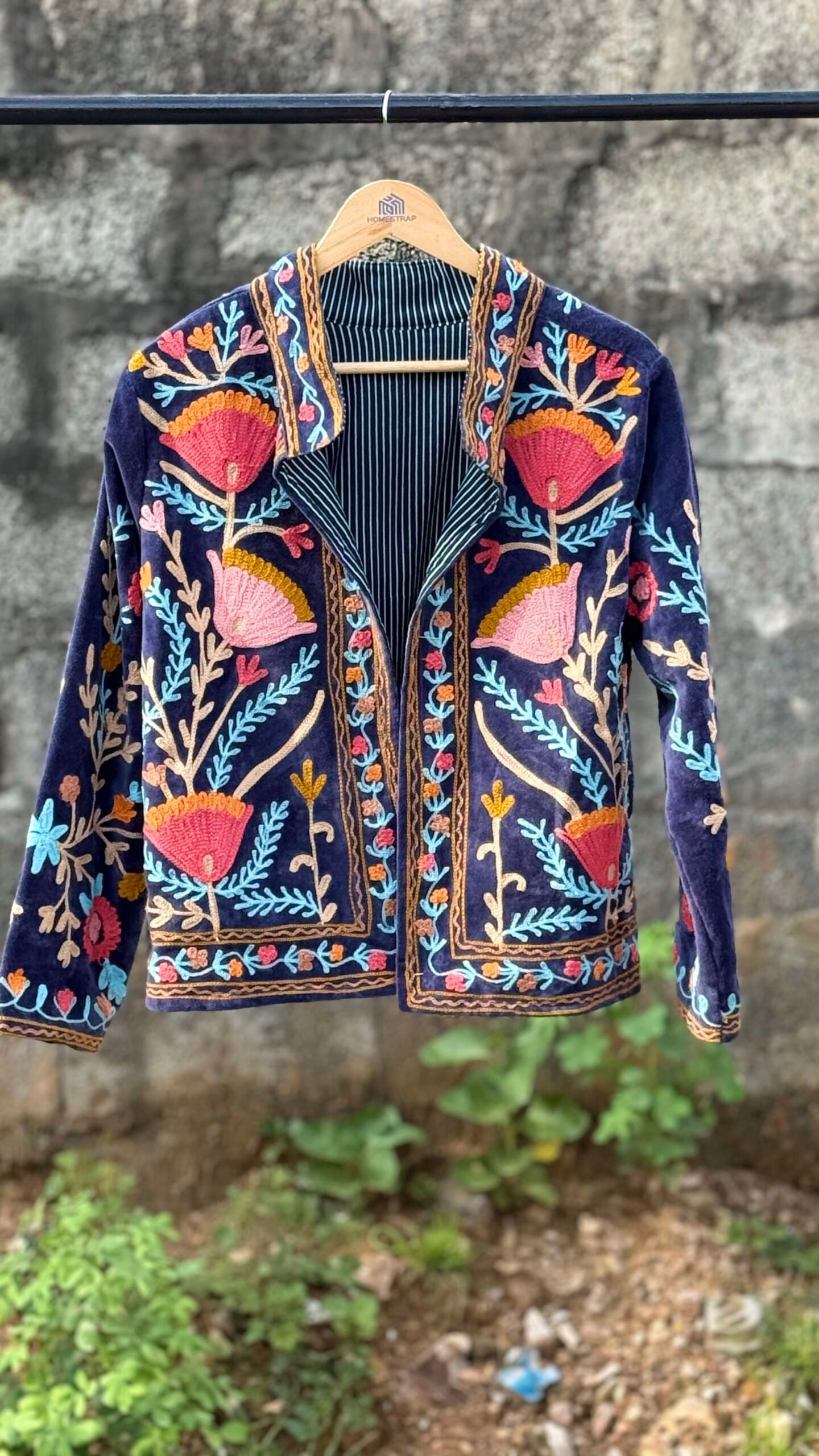 Womens Navy Blue Velvet Embroidered Jacket with Floral Design - Image 5